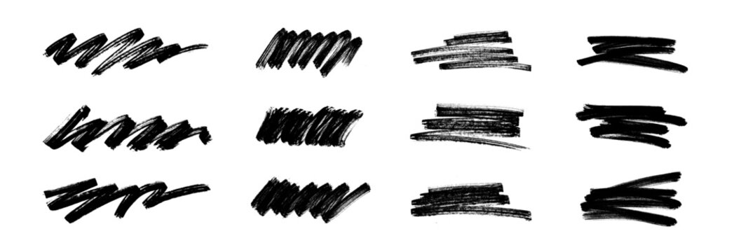 Set of hand drawn squiggles and messy brush strokes, highlights, underlines. Hand drawn markers lines, zigzag strokes and rough ink smears. Brushstrokes strips, hatching, highlighters. Vector graphic