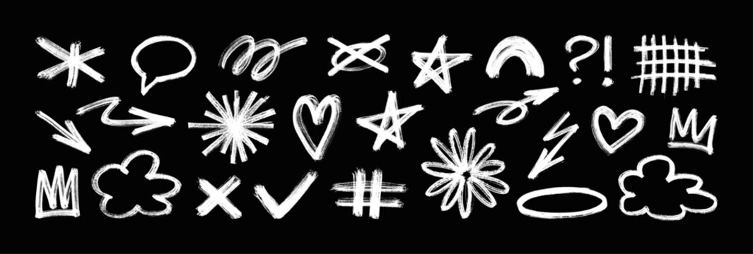 Hand drawn - chalk brush doodle set with arrows, stars, hearts, crowns, flowers and speech bubbles. Bold brush doodle symbols, scribbles. Expressive grunge marker strokes. Vector graphic collection