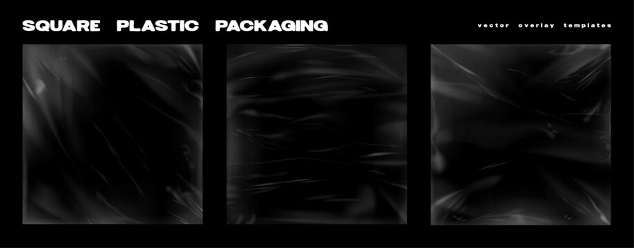 Plastic packaging for overlay for album cover, cd, vinyl. Polyethylene, cellophane packages, realistic wrap stamps with wrinkled, crinkled, glossy effects for overlay. Plastic square sleeves. Vector