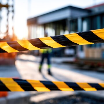 Yellow and black striped safety barrier tape marking a restricted construction zone with blurred worker and building in the background at sunset