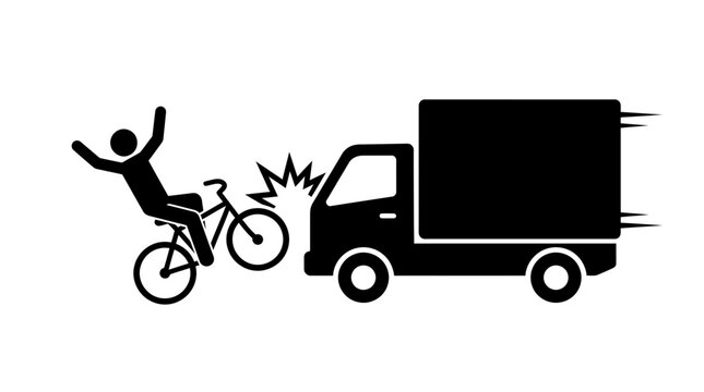 Black silhouette icon showing a bicycle collision with a delivery truck on white background.
