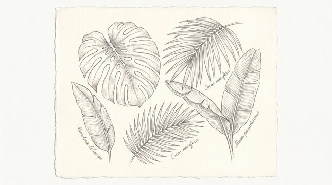 Tropical palm monstera and banana leaf botanical pencil drawing sketches on textured paper