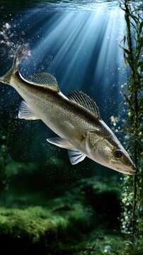 Underwater scene of a large freshwater fish swimming through sunlit clear waters surrounded by aquatic plants and natural habitat details