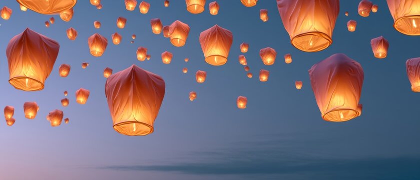 Sky filled with floating lanterns during a festival in the evening
