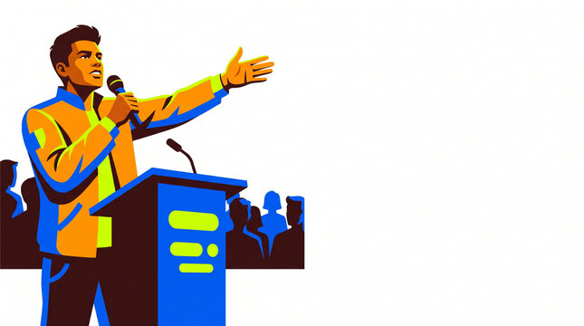 Young man speaking with microphone at podium in front of audience  