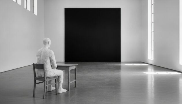 Figure contemplating a large black square in a minimalist room, concept of introspection and existentialism