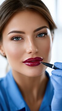 Woman receiving professional permanent makeup lip treatment with a precision pen for enhanced natural beauty and vibrant definition in a clinical setting