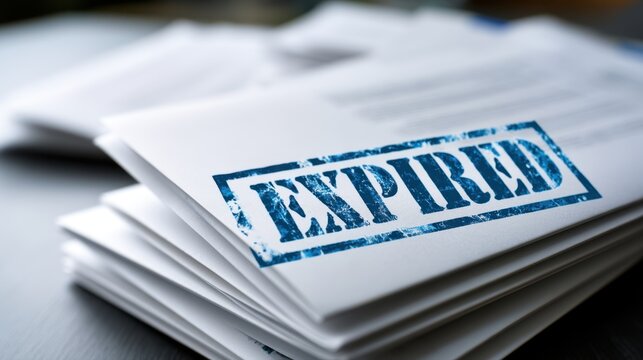 Stack of white documents marked with a blue expired stamp indicating outdated or invalid paperwork on a dark surface for legal or administrative concept