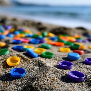 Colorful plastic bottle caps scattered across a sandy beach with ocean waves in the background symbolizing environmental pollution and marine debris issues
