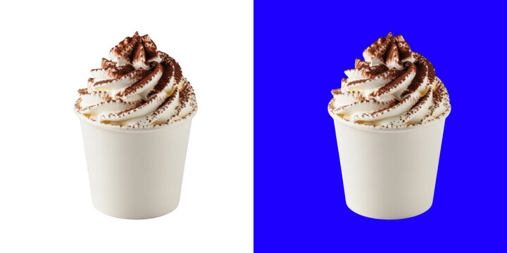 A cup of delicious creamy dessert with whipped cream and chocolate sprinkles on top in a simple paper container for take away