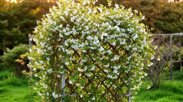 White jasmine flowers climbing on wooden garden trellis in warm sunset light climber blossom vine flora bloom