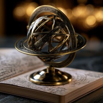 Antique brass armillary sphere resting on an open ancient manuscript with mysterious handwritten text and diagrams in dim warm lighting