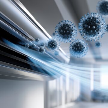 Air conditioning system circulating microscopic virus particles indoors representing the spread of airborne pathogens and indoor air quality concerns