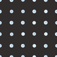 Seamless pattern with blue watercolor polka dots on a black background. Simple background ideal for packaging, textile prints and playful surface design collections. © Tatiana