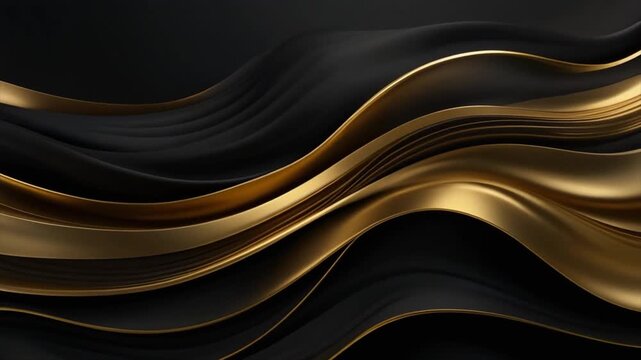 Abstract flowing waves of black and gold metallic fabric with soft lighting and shadows background