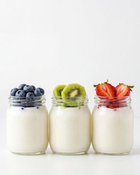 Three clear glass jars of organic white yogurt lined up on a clean white surface, topped with fresh blueberries, sliced green kiwi, and ripe red strawberries respectively.