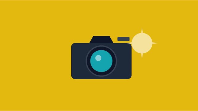 Animated camera with shutter focus effect on yellow animation 4k background, lens