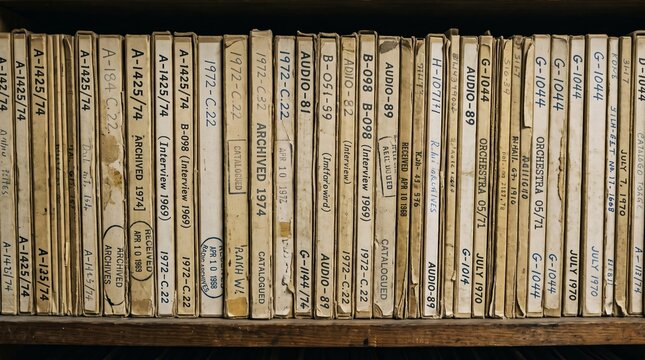 Close view of worn labeled boxes with vintage analog tapes stored on a wooden archive shelf. Concept archive preservation, audio history, restoration, museums and editorial use. Generative AI.