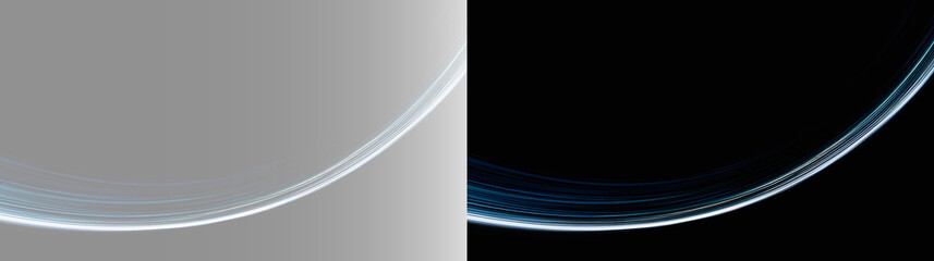 Abstract glowing silver orbital arc on transparent black background, futuristic light trace overlay. Minimalist dark steel blue horizon backdrop, modern space science presentation slide design PNG © Creative Lab