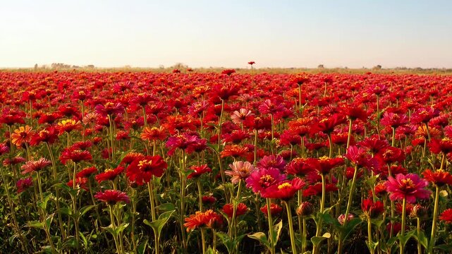 Field of red zinnia flowers blooming in sunlight nature garden petals summer blossom nature garden petals summer blossom