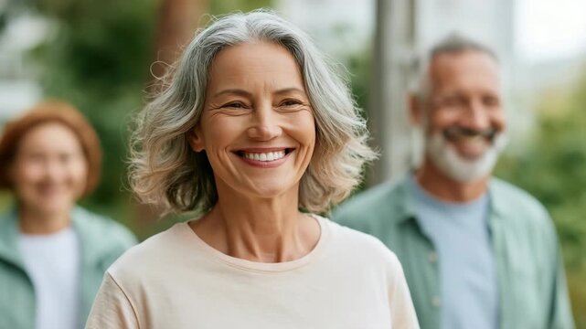 Mature woman walking with group outdoors background for community wellness banner and mindful lifestyle design