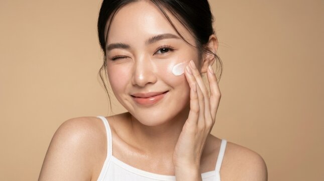 Premium luxury skincare cream application beauty portrait of a beautiful young Asian woman with flawless porcelain skin, luminous glass-skin complexion, soft pink-toned makeup, naturally flushed cheek