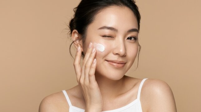 Premium luxury skincare cream application beauty portrait of a beautiful young Asian woman with flawless porcelain skin, luminous glass-skin complexion, soft pink-toned makeup, naturally flushed cheek