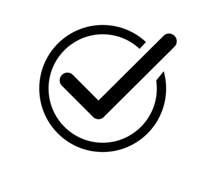 Black check mark icon inside a circle symbol for website and mobile app user interface design