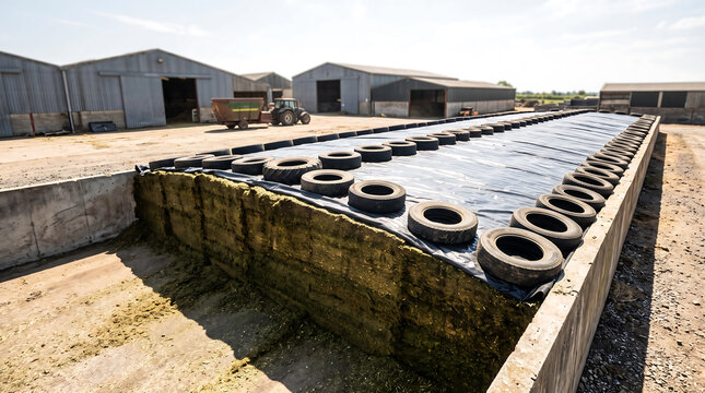 Forage preparation area with silage pit covered by black plastic and secured with tires, surrounded by agricultural buildings and machinery in a rural farm setting