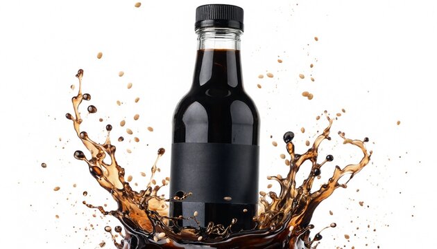 Splash of dark soy sauce around black bottle with liquid dynamic movement, dynamic food photography