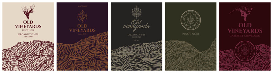 Naklejka premium Abstract line art wine label collection; minimal organic vineyard landscape template set; elegant winery social media post banner; luxury botanical package design vector template