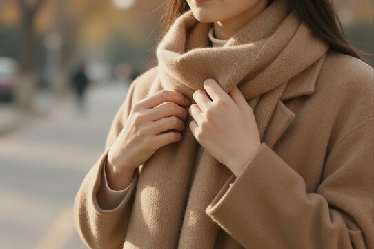 woman in cozy brown coat and scarf enjoying autumn walk outdoors. concept of fall fashion.