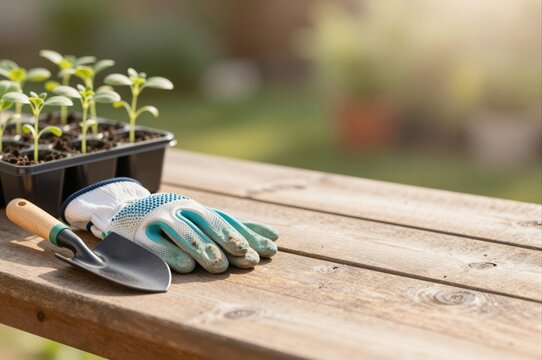 gardening tools and seedlings on wooden table in sunny backyard garden, concept of spring gardening