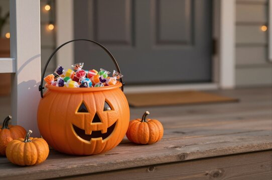 jack-o'-lantern bucket with halloween candy on porch steps at dusk, festive autumn decorations