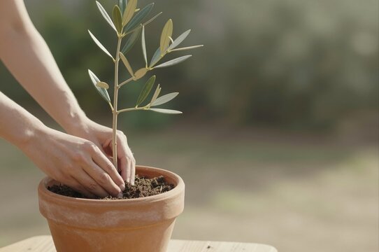 hands planting young olive tree in terracotta pot outdoors, concept of gardening and growth