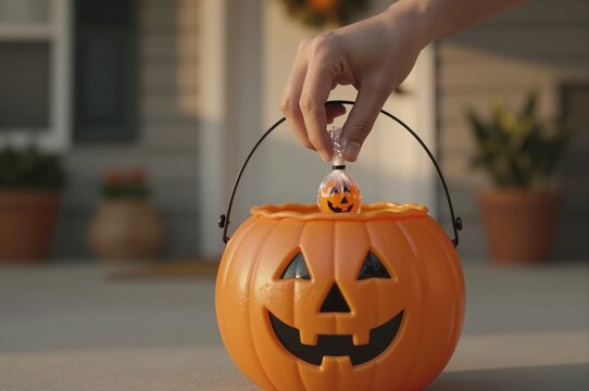 hand placing candy into pumpkin bucket on porch for halloween celebration