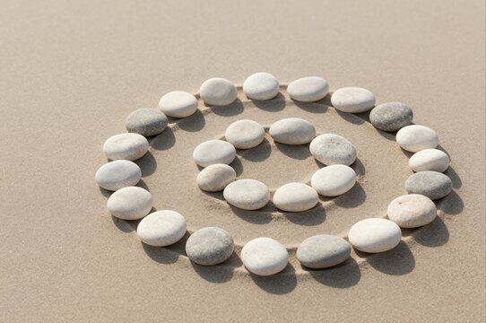 spiral of smooth pebbles arranged on sandy beach representing calm and tranquility