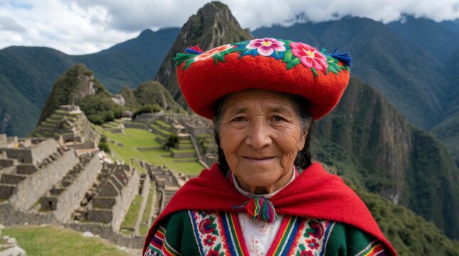 A portrait of an elderly Peruvian woman wearing traditional vibrant clothing and a floral hat, set against the breathtaking backdrop of the ancient Machu Picchu ruins
