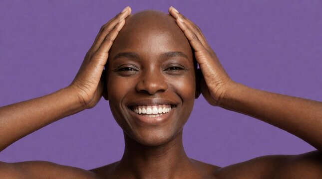 bald woman smiling hands face beauty portrait inclusion confidence diversity Joyful adult frames her head with open palms against purple for self acceptance hair loss awareness and wellness branding
