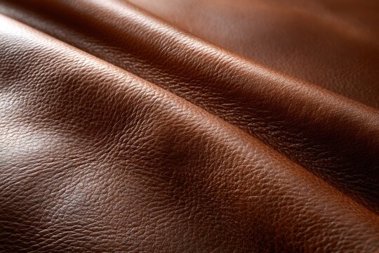 Smooth and rich brown leather texture showing natural grain and subtle creases with warm lighting highlighting the luxurious material's surface quality