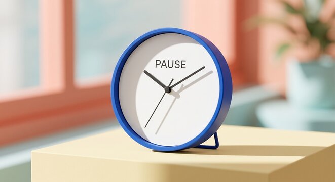 Blue alarm clock with the word pause on a surface indoors