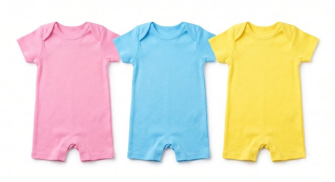 Three colorful baby rompers in pink, blue, and yellow on a white background
