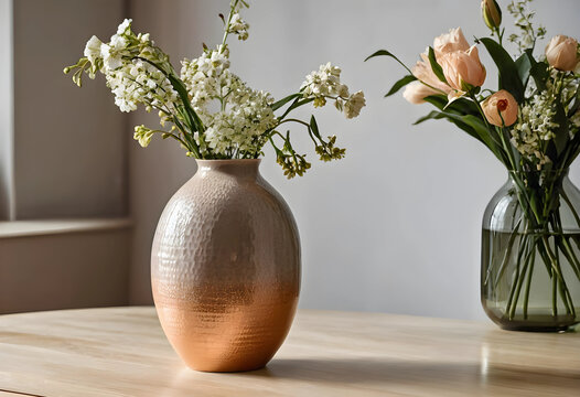 Hammered ceramic vase with white flowers and a glass vase with peach flowers on a wooden table, home decor concept, the ceramic vase features a gradient from beige to a metallic copper or gold