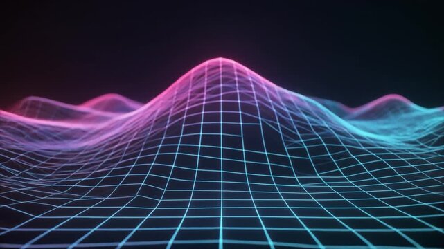 Abstract digital landscape of a glowing neon grid forming undulating waves in shades of pink and cyan against a dark background