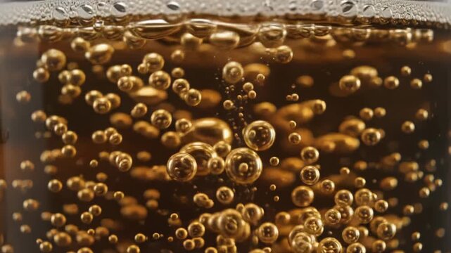 Macro Golden Effervescent Bubbles Rising in Dark Amber Liquid