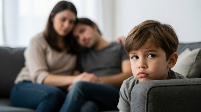 Sad young boy pouting on a sofa looking away while parents sit together in blurred background showing loneliness and child psychology concept 
