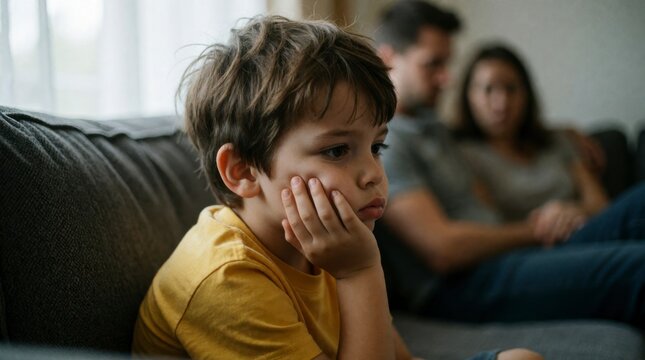 Sad young boy pouting on a sofa looking away while parents sit together in blurred background showing loneliness and child psychology concept 
