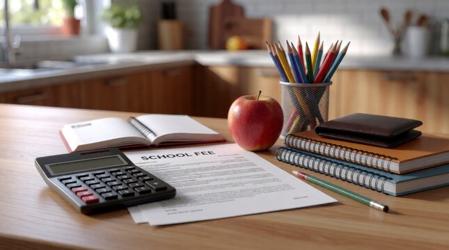 School supplies and fees on desk ,back to school photo 

