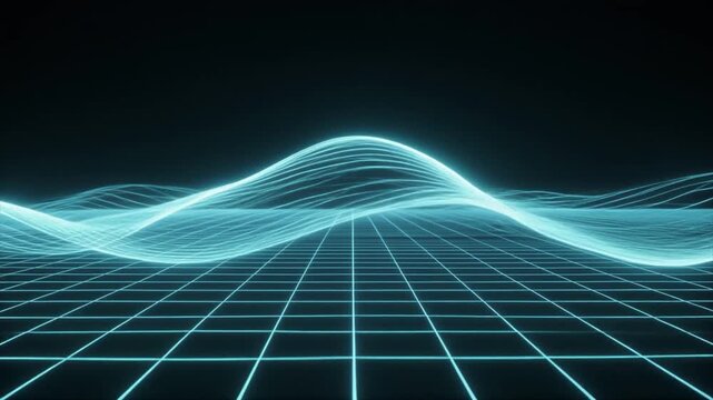 A luminous cyan grid forms dynamic, flowing waves across a dark background, suggesting a digital or scientific visualization
