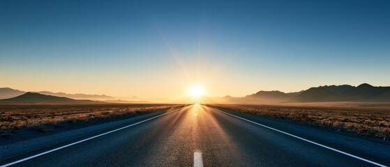 Obraz premium Sunrise over a long straight road in a wide open landscape with mountains in the background